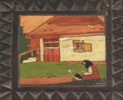 Népi szecessziós fadoboz, faragott, kézzel festett, kis kopásokkal, 10x10x10 cm