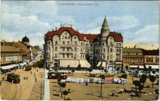 1911 Nagyvárad, Oradea; Szent László tér, piac, Gyógyszertár az arany sashoz, Cziller Imre, Grosz üzlete, Fekete Sas szálloda, zsinagóga, villamosok. Vidor Manó kiadása / square, market, shops, pharmacy, hotel, synagogue, trams (EK)