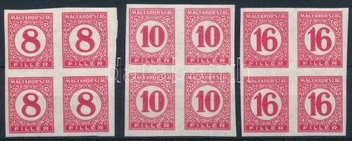 1929 Pengő-filléres portó II. 3 értékes vágott sor vékony papíron négyestömbökben (60.000)