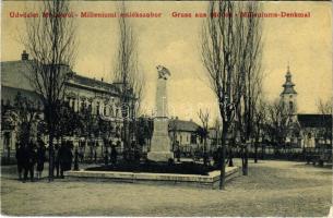 1907 Módos, Jasa Tomic; Milleniumi emlékszobor, templom. (W. L. ?) 1055. Hoffmann Béla kiadása / Milleniums-Denkmal / millenium monument, statue, church (EK)