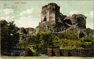 1914 Léva, Levice; hrad / várrom, fatelep. Nyitrai és Társa kiadása / castle ruin, lumber yard (EK)