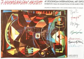 7 Hungarian artists at Stockholm International Art Expo. Bak, Fajó, Csiky, Gulyás, Hencze, Gyarmathy, Nádler, 1982. Design: T. (Tamás) Hencze. Plakát, papír. Lapszéli apró sérülésekkel. 68×98 cm.