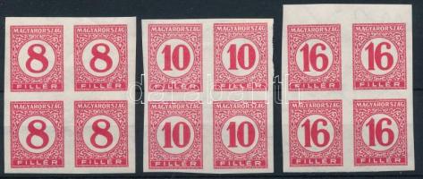 1929 Pengő-filléres portó II. 3 értékes vágott sor vékony papíron négyestömbökben (60.000) (10f betapadás / gum disturbance)