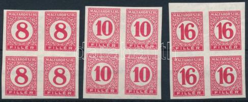 1929 Pengő-filléres portó II. 3 értékes vágott sor vékony papíron négyestömbökben (60.000) (8f ráncok / creases, 10f gumihiba / gum disturbance)