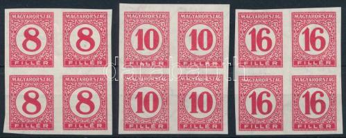 1929 Pengő-filléres portó II. 3 értékes vágott sor vékony papíron négyestömbökben (60.000) (ráncok / creases)