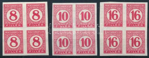 1929 Pengő-filléres portó II. 3 értékes vágott sor vékony papíron négyestömbökben (60.000)