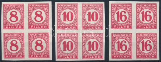 1929 Pengő-filléres portó II. 3 értékes vágott sor vékony papíron négyestömbökben (60.000)