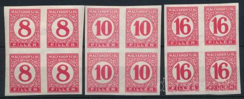 1929 Pengő-filléres portó II. 3 értékes vágott sor vékony papíron négyestömbökben