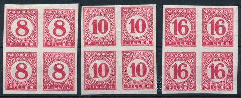 1929 Pengő-filléres portó II. 3 értékes vágott sor vékony papíron, négyestömbökben