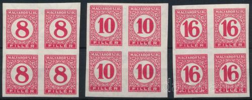 1929 Pengő-filléres portó II. 3 értékes vágott sor vékony papíron négyestömbökben