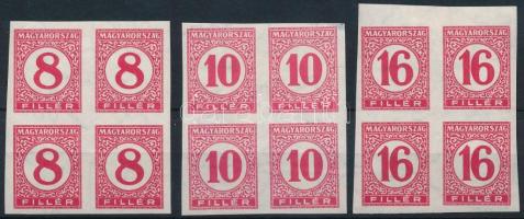 1929 Pengő-filléres portó II. 3 értékes vágott sor vékony papíron négyestömbökben