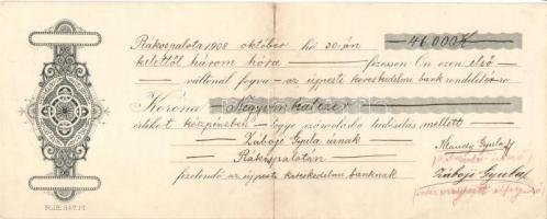 1908 2 db rendkívül nagy összegről szóló váltó 46000 és 1000 K (egyik beszakadt a hajtásnál) / 2  very high value bills of exchange