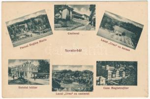 1936 Szováta-fürdő, Sovata bai; Parcul Regina Maria, Casinoul, Hotelul Bailor, Lacul Ursu cu terasa, Casa Magistratilor / fürdő szálloda, park, kaszinó, villa / spa hotel, park, casino, villas (ázott sarok / wet corner)