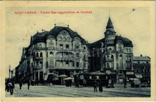 1915 Nagyvárad, Oradea; Fekete Sas nagyszálloda és kávéház, villamos, Ernyei Lajos és Cziller Imre üzlete / hotel and café, tram, shops