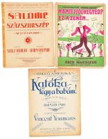 1921-1927 3 db régi kotta: Salome - Százszorszép, Katóka légy a babám!, Na, mit szól kegyed? Ez a zeném... Szövegíró: Harmath Imre. Bp., Rózsavölgyi és Társa. Vegyes állapotban, sérülésekkel.