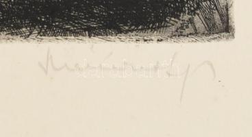 Mészáros Lajos (1925-1971): Átkelés a Tiszán. Rézkarc, papír, jelzett, papírra kasírozva, 19,5×28,5 ...