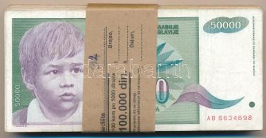 Jugoszlávia 1992. 50.000D (92x) nem eredeti kötegelővel T:III,III- Yugoslavia 1992. 50.000 Dinara (92x) with not original currency strap C:F,VG