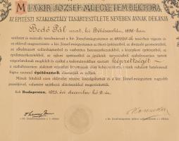 1925 M. Kir. József-Műegyetem díszes építészi oklevél, Szarvasy Imre (1872-1942) rektor és Kossalka ...