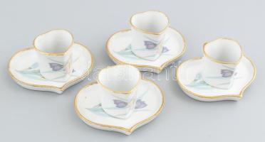 Hazimeh virágmintás porcelán csésze, 4 db + 4 db csészealj, matricás, jelzett, kis kopásnyomokkal