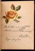 cca 1890-1902 Régi emlékkönyv, bejegyzésekkel, illusztrációkkal, szárított növényekkel, fémveretes bársony-kötésben, néhány kijáró lappal