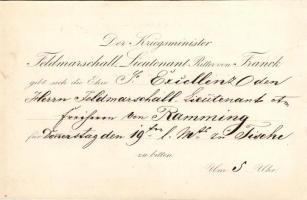 cca 1860 Meghívó Ritter von Franck hadügyminiszter vacsorájára Wilhelm Ramming tábornoknak / Invitation card for von Franck k.u.k. military-minister`s dinner