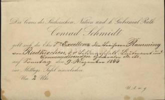 1866 Meghívó Conrad Schmidt a szász nemzeti tanács elnöke ebédjére Wilhelm Ramming tábornoknak / Invitation card for Conrad Schmidt comes of the governing council of Saxony lunch for colonel Wilhelm Ramming