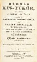 [Losontzi István]: Hármas Kis-Tükör, mellyben a szent histórián kívül a Magyar Kir. Birodalomnak és Erdély országnak I. földleírása, II. mostani polgári állapotja, s III. a magyar nemzetnek története ifjak számára leábrázoltatik. Pest, 1837, Trattner-Károlyi, V+6-200+47 p. Nyolczadik megjobbított kiadás. Korabeli félbőr-kötésben, kopott borítóval, sérült gerinccel, hiányzó szennylapokkal, hiányzó térképpel, a címlap és az utolsó lap javított, a táblák belseje és az utolsó lap foltos.