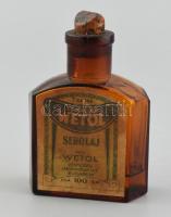 cca 1916-1920 Dr. Wagner Wetol sebolaj, címkés, dombornyomott barna üveg, tartalommal, m: 9,5 cm