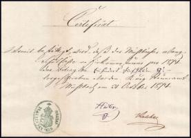 1874 Bizonyítvány, Magyar Királyi Adóhivatal címeres pecsétjével