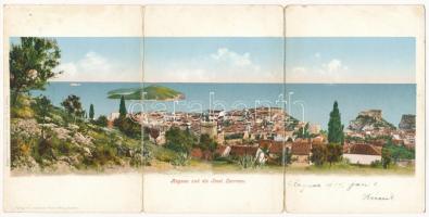 1907 Dubrovnik, Ragusa; 3-részes kihajtható panorámalap / 3-tiled folding panoramacard (hajtásnál szakadt / torn at fold)