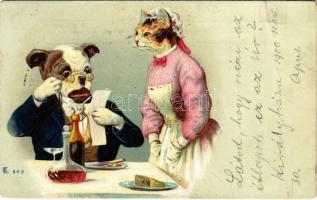 1900 Dog at the restaurant, cat waitress. litho (r)