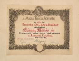 1941 A Magyar Turista Szövetség fényképpályázatának I. helyezettje számára kiállított oklevél, szakadással