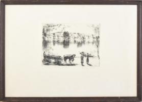 Kórusz József (1927-2010): Reggel a Dunán. Rézkarc, papír, jelzett, számozott (85/100). Üvegezett, kopott fakeretben, lap széle foltos, 19×25,5 cm