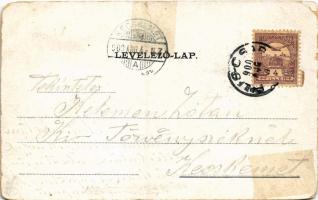 1900 Piliscsaba, Tábori vasútállomás, gőzmozdony, vonat, Templom tér. Lith. Blau Albert 404/99. Art ...