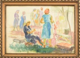 Szőnyi István (1894-1960): Piaci jelenet. Akvarell, papír, jelezve balra lent, üvegezett fakeretben, 24×31 cm / watercolour on paper, signed, framed