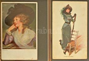 KALAPOS HÖLGYEK - 100 db RÉGI századfordulós motívum képeslap albumban, lithok is / LADIES WITH HATS...