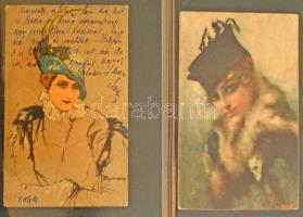 KALAPOS HÖLGYEK - 100 db RÉGI századfordulós motívum képeslap albumban, lithok is / LADIES WITH HATS...