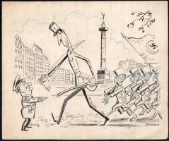 Pályi Jenő (1903-1953), 2 db rajz egy lapon: Horthy-karikatúra és Diósgyőr. Tus, kréta (Horthy-karikatúra), szén (Diósgyőr), papír, mindkét oldalán jelzett. Lapméret: 25,5x30 cm