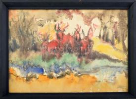 Szőnyi (Steidl) Jenő (1902-?): Szarvasok. Akvarell, tus, papír, jelzett. Üvegezett fakeretben. 21x30 cm