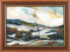 Buzás András (1943-): Téli táj (Erdély). Olaj, farost, jelzett, dekoratív fakeretben, 28×40 cm