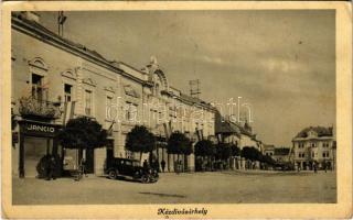 1942 Kézdivásárhely, Targu Secuiesc; Fő tér, Jancso üzlete, magyar zászlók, autó / main square, shops, Hungarian flags, automobile (EK)