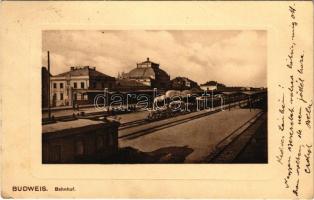 Ceské Budejovice, Budweis; Bahnhof / railway station, locomotive, train (crease)