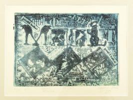 Kopándi István (1968-): Mail art, 1999. Egyedi technika (sokszorosított grafika), papír. Jelzett. Művészpédány ea 1/30 számozással. Üvegezett fakeretben. 11x15 cm