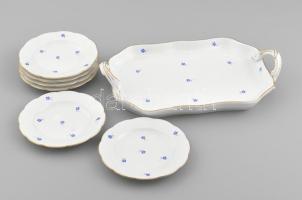 Herendi kék virágmintás szendvicses készlet, füles tálca és 6 db tányér, d: 12-28 cm, jelzett, hibátlan.