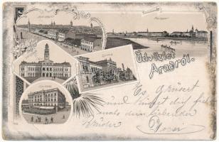 1899 (Vorläufer) Arad, Andrássy tér, Maros part, Líceum, városház, színház / square, Mures riverside, school, town hall, theatre. Ferd. Pialek Söhne Art Nouveau, floral, litho (EB)