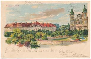 Nagyvárad, Oradea; Püspöki palota és székesegyház. Kunstanstalt Kosmos 76. Art Nouveau, litho / bishops palace and cathedral s: Geiger R. (EK)