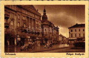 1943 Kolozsvár, Cluj; Mátyás király tér, autók, Royal üzlet / square, automobiles, shops (Rb)