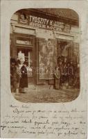 1909 Nagybecskerek, Zrenjanin, Veliki Beckerek; Tyoszity K. üzlete a Fekete Kakashoz / shop. photo (lyukak / pinholes)