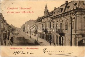 1900 Versec, Werschetz, Vrsac; Székház utca, Peter Waszilyevits üzlete / Residenzgasse / street view, shops (vágott / cut)