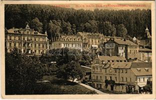 1916 Marianske Lazne, Marienbad; Blick nach der Ferdinandbrunnenstrasse, Leitners Haus Restaurant, Hotel Weiss Rössel, Friedrich Benisch (EK)